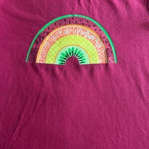 Vibrant Pink and Green Short Sleeve Tee with Rainbow Design